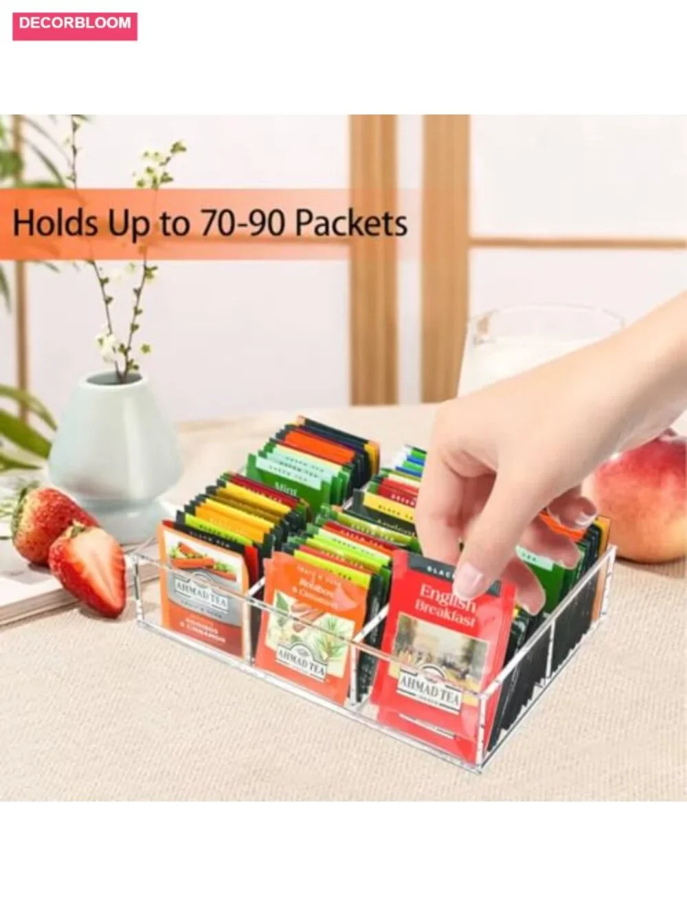 Acrylic Tea Bag Organizer with Removable Dividers, 6 Compartments Clear Storage